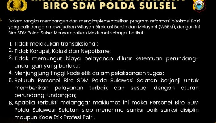 Tegas, Ini 6 Maklumat Pelayanan Biro SDM Polda Sulsel