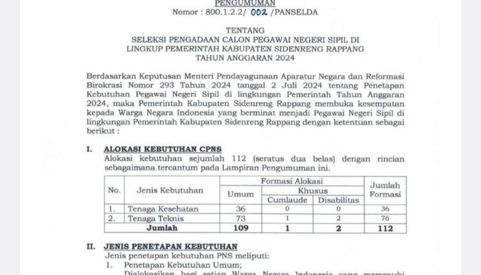 Pemkab Sidrap Buka 112 Formasi CPNS, Dua Untuk Disabilitas