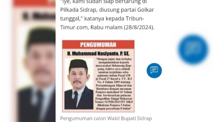 Bacalon Wakil Bupati, Nasiyanto Mantan Terpidana Pertambangan Ikut Kontestasi Pilkada Sidrap